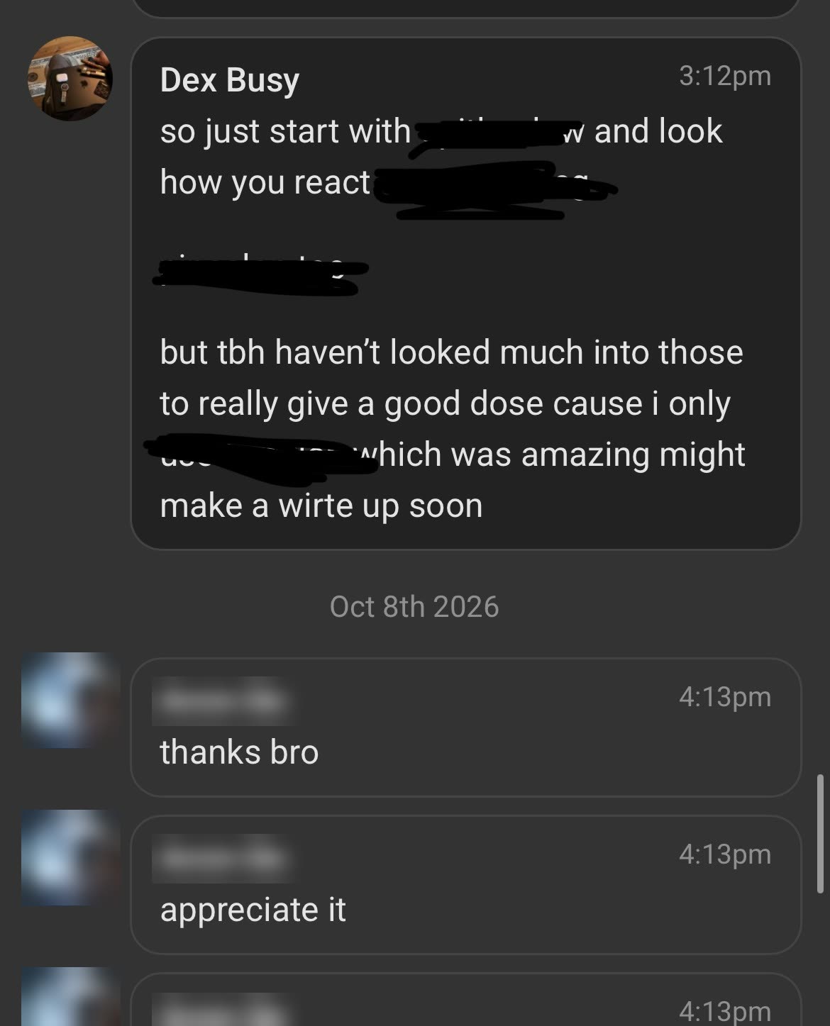 DM: dex answers a question, the other person thanks him. Name and picture blurred.