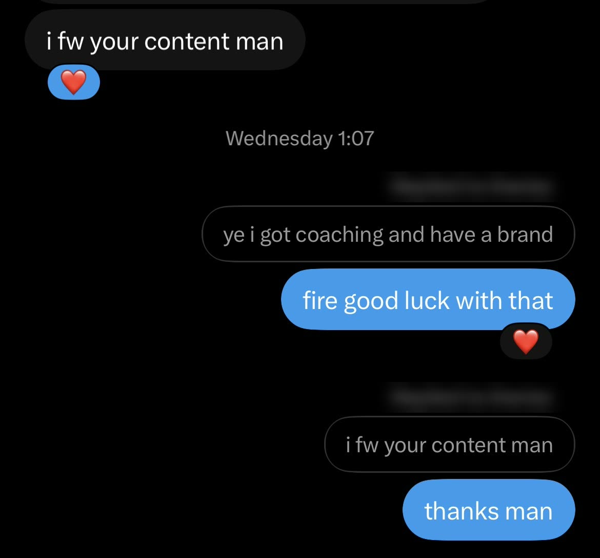 DM: someone says they like the content. Name blurred.