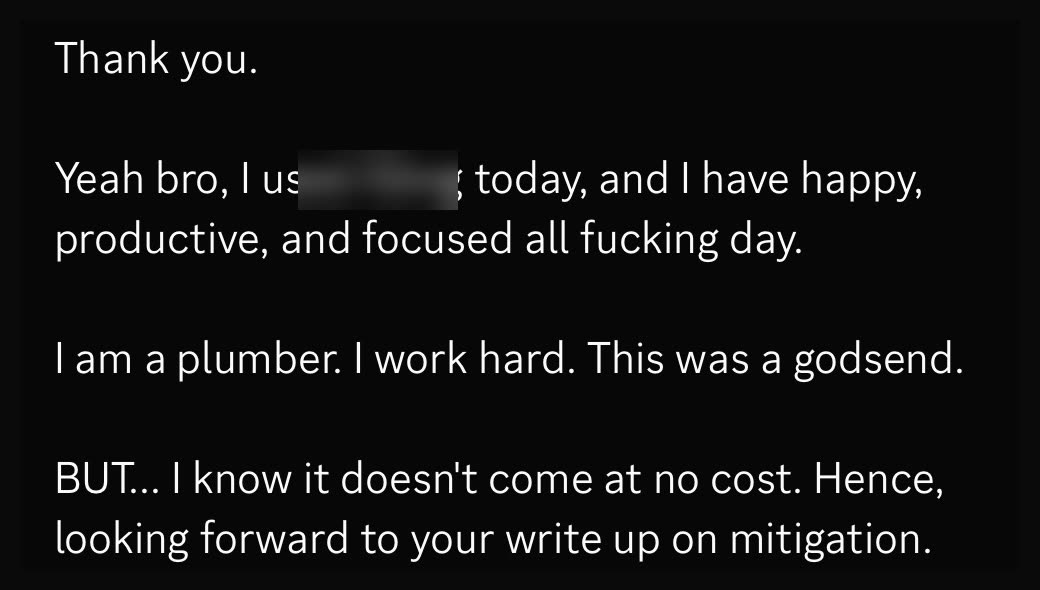 Discord message: a plumber says he was happy, productive and focused all day, and asks for the write-up on mitigation.