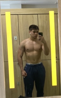 dex after three years natural, shirtless in the same gym mirror